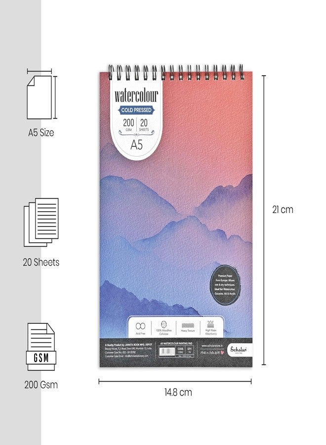 Scholar Watercolor Pad - 200 GSM Cold Pressed Special Watercolour Paper | Wire-O Bound Artist Pad for Watercolour, Ink, Washes & Mixed Media (A5) - Image 3